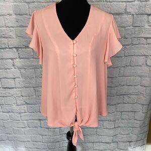 Women tie front button up top w/ruffle shortsleeves & v-cut neckline size Medium